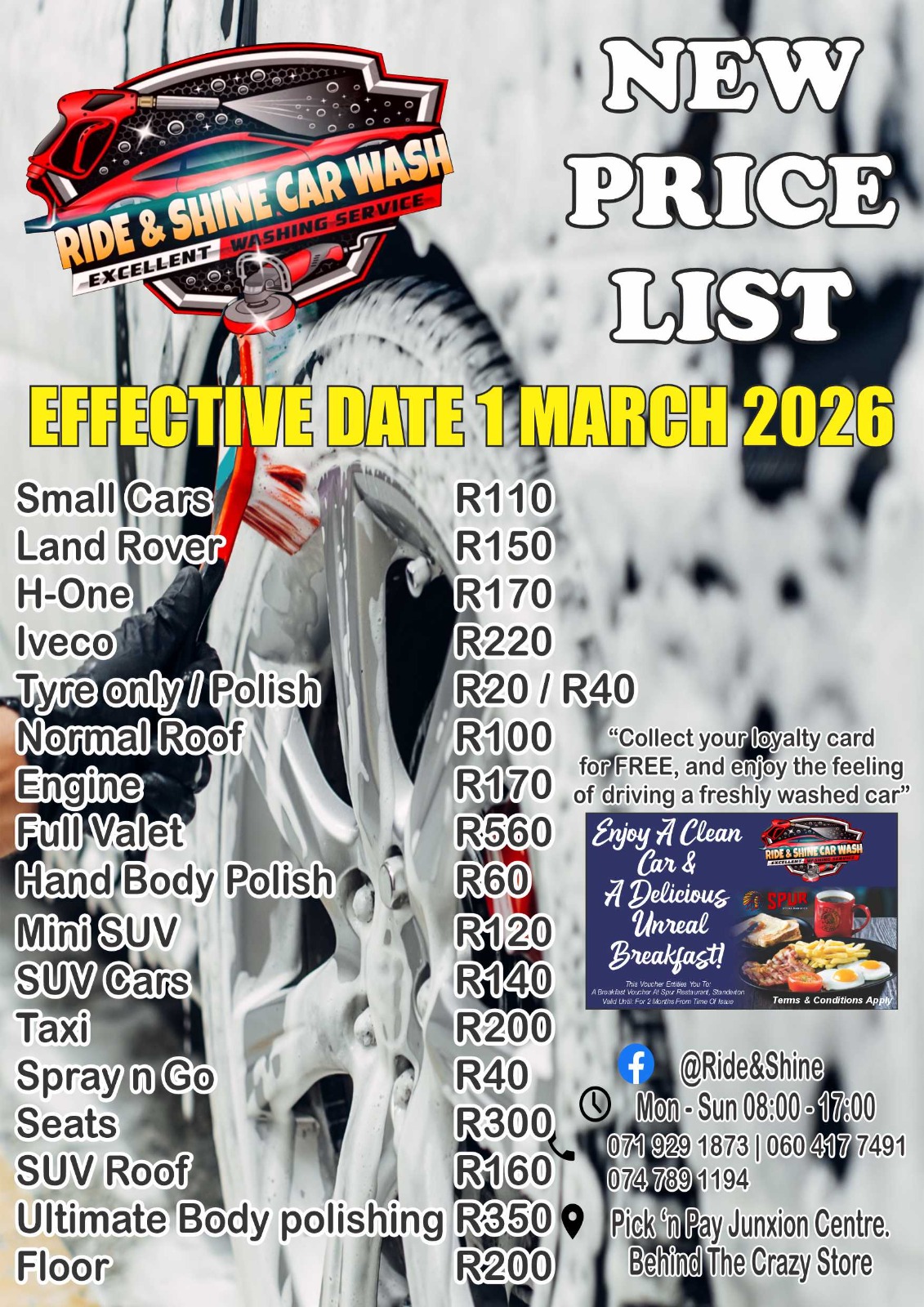 Ride and Shine Car Wash new price list effective 1 March 2026