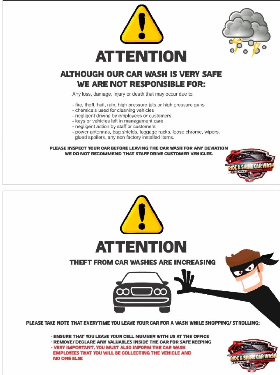 Attention — car wash safety and theft notices